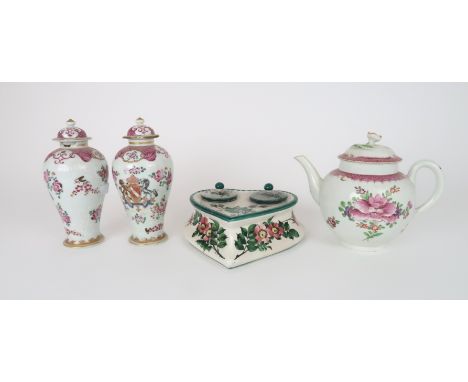 A WEMYSS HEART SHAPED INKWELL decorated with dog roses, 18cm diameter, a Worcester pink scale teapot with flower finial and a