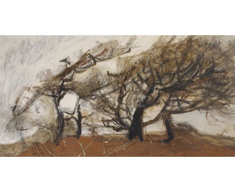 •ATTRIBUTED TO JAMES MORRISON RSA, RSW (SCOTTISH 1932-2020) TREE STUDY Ink and oil on panel board, 61 x 120cm (24 x 47") Cond