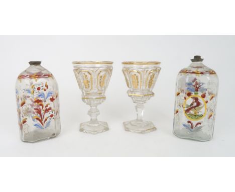 A PAIR OF CONTINENTAL GLASS GOBLETS with gilt decoration, 16cm high, together with a pair of enamel painted Bohemian glass fl