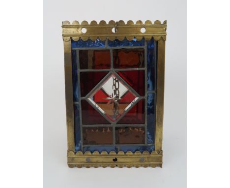 A LEADED COLOURED GLASS HALL LIGHT with star cut detail to the clear panels, and gilt metal mounts, 27cm drop plus chains Con