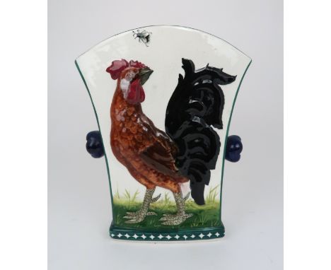 A RARE ROBERT HERON AND SON WEMYSS CHIMNEY VASE of fan shape, decorated in relief to one side with a cockerel and fly and pai