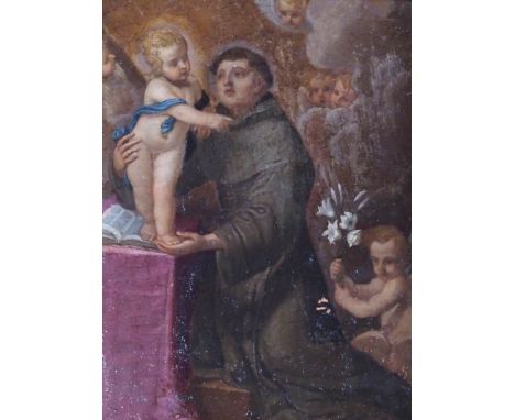 CONTINENTAL SCHOOL (18TH CENTURY) MONK AND ANGELS Oil on panel board, 19 x 14cm (7 1/2 x 5 1/2") Condition Report: On close i