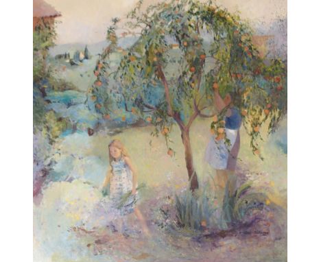 •ANN PATRICK (SCOTTISH B. 1937) THE PEACH TREE Oil on panel board, signed, 102 x 102cm (40 x 40") Royal Scottish Academy Exhi