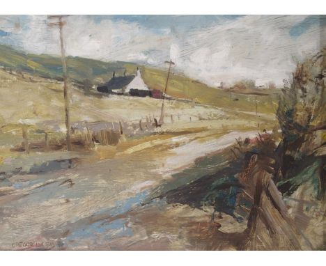 •GREGOR IAN SMITH (SCOTTISH 1907-1985) BLAIRNAIRN COTTAGES Oil on panel board, signed, 28 x 39cm (11 x 15 1/4") Inscribed wit
