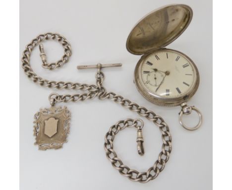 A SILVER CASED FULL HUNTER POCKET WATCH AND CHAIN both the dial and the mechanism signed John Wood Banff. Hallmarked 1896 Bir
