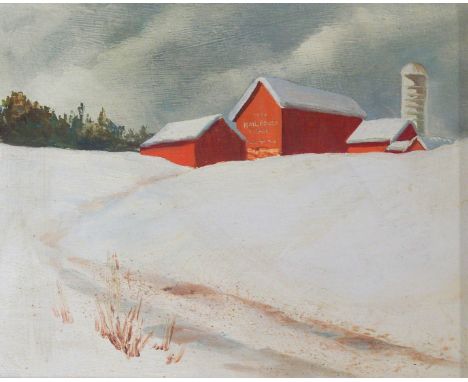 AMERICAN SCHOOL (20TH CENTURY) MAIL POUCH IN THE SNOW Oil on panel board, 19 x 24cm (7 1/2 x 9 1/2") Condition Report: Slight