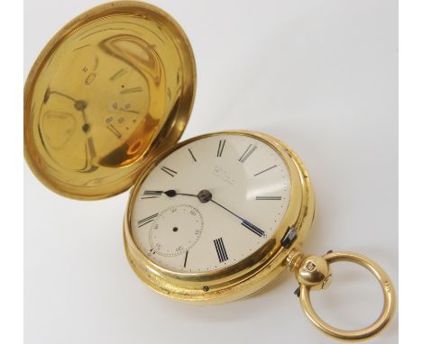 AN 18CT GOLD FULL HUNTER POCKET WATCH with white enamel dial, subsidiary seconds dial, black Roman numerals and blued steel h