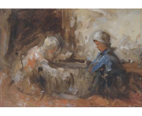 ROBERT GEMMELL HUTCHISON RSA, ROI, RBA, RSW (SCOTTISH 1855-1936) CHILDREN AT THE TUB Oil on panel, signed initials, 14.5 x 21
