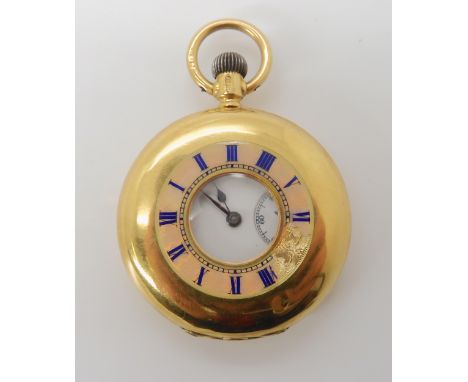 A J.W. BENSON 18CT GOLD HALF HUNTER FOB WATCH with enamelled chapter ring, white enameled dial with a subsidiary seconds dial