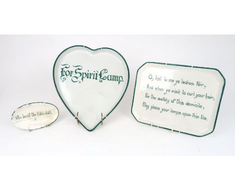 A WEMYSS WARE HEART SHAPED SPIRIT LAMP TRAY  impressed and printed mark, 30cm high, a rectangular comb tray with motto 'O, li