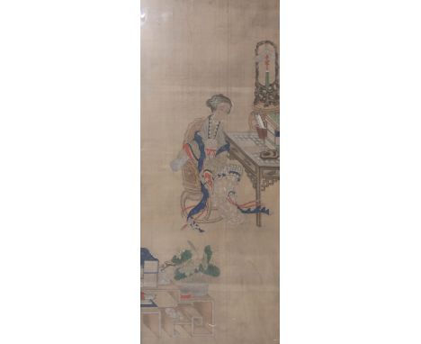 CHINESE SCHOOL Scroll painting of a lady seated at her writing table, watercolour on silk, 90 x 37cm Condition Report: some t