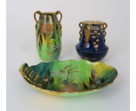 A 1930's CARLTON WARE BABYLON PATTERN VASE with gilt handles, 15.5cm high, a Babylon pattern dish 21.5cm long, and a Devils C