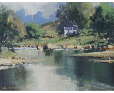 •GEORGE K GILLESPIE (BRITISH 1924-1995) COTTAGE BY A RIVER Oil on canvas, signed, 20 x 25.5cm (8 x 10") Condition Report: On 