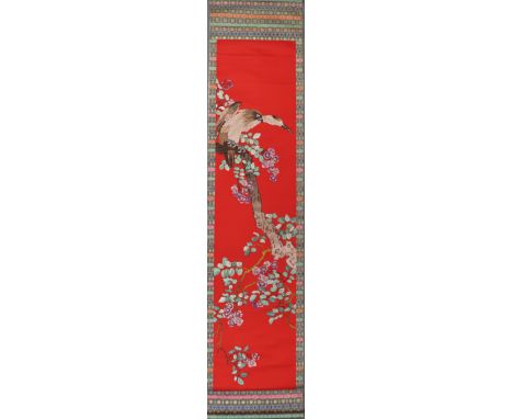 A CHINESE SILK SCROLL woven with a bird of prey perched on a flowering branch, 194 x 45cm Condition Report: Available upon re