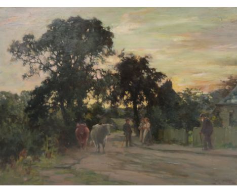 TOM MCKAY (SCOTTISH 1851-1920) AT THE END OF THE DAY Oil on panel, signed, 46 x 61cm (18 x 24") Condition Report: A few very 