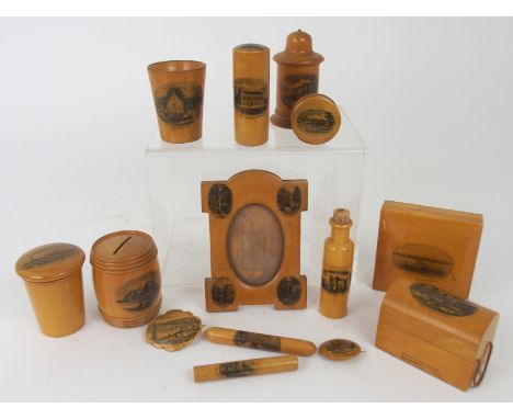 FOURTEEN VARIOUS MAUCHLINE WARE ITEMS including compass, money bank, photo frame, needle cases, brooches etc (14) From the es