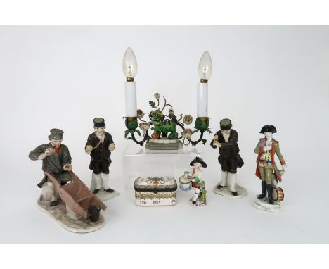 A PAIR OF CONTINENTAL FIGURES OF MEN one possibly dowsing for water, another similar of a man with a wheel barrow, a military