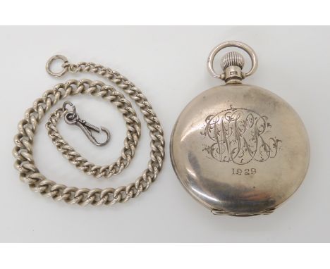 A SILVER CASED POCKET WATCH AND CHAIN  with white dial, subsidiary seconds dial, black Roman numerals and blued steel hands, 