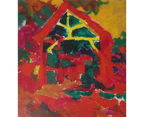 •PETER BOURNE RSW (SCOTTISH B. 1931) A NORMANDY BARN Acrylic on panel, signed, 36 x 33cm (14 x 13") Inscribed with title on l