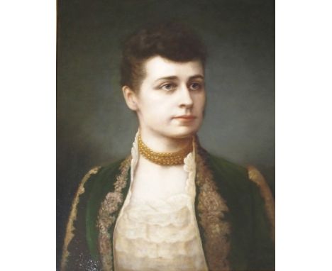 CONTINENTAL SCHOOL (19TH CENTURY) PORTRAIT OF A LADY WEARING PEARL BEADS AND GREEN JACKET Oil on canvas, 53.5 x 43.5cm (21 x 