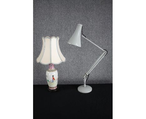 A Herbert Terry anglepoise lamp in a grey finish and a hand painted Chinese table lamp. H.86cm. (largest) 
