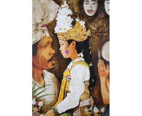 Large oil on canvas painting. 'Homage Molnar'. Portraits of people in traditional Bali dress. Signed indistinctly by the arti