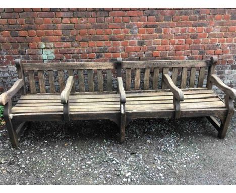 City of London vintage park bench seats in weathered teak. H.91 W.259 D.73cm. 