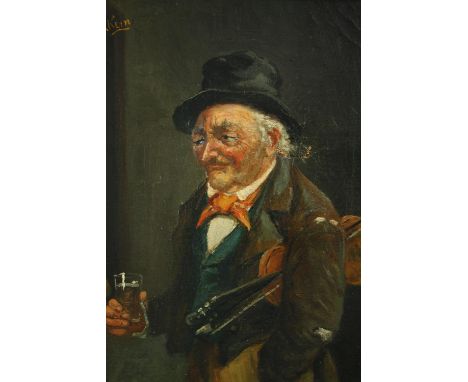 An early to mid nineteenth century oil on canvas portrait of what looks like an inebriated musician.  Signed 'H. Klin' top le
