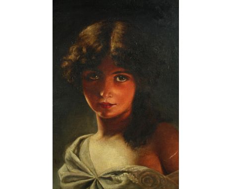 Oil on canvas. Portrait of a girl. Mid to late twentieth century. In an older decorative gilt swept frame. Unsigned. H.66 W.5