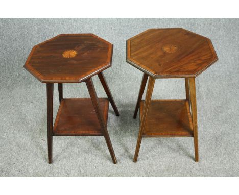 Occasional or lamp tables, a pair, C.1900 mahogany with satinwood crossbanding and central paterae inlay. H.65 W.43 D43cm. (e