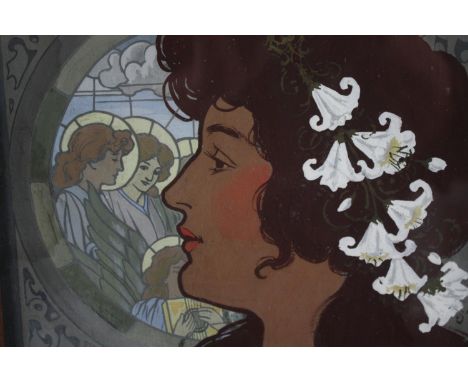 An art nouveau style profile portrait of a woman. Signed E. L. Ford and dated 1907. Framed. Probably a much later copy. H.36 