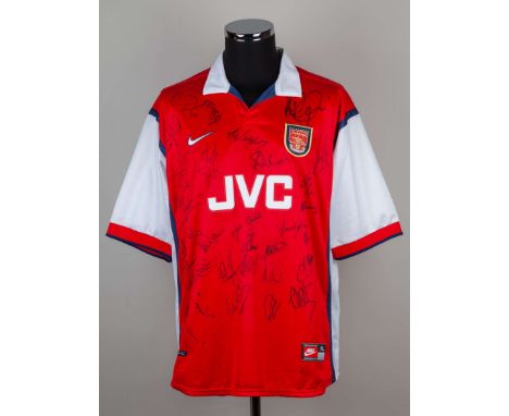 Red and white Arsenal autographed replica short-sleeved shirt, 1998-99, bearing over twenty player autographs
