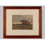 A watercolour painting by Joseph Appleyard, titled “A Gallop at Dawn, Middleham”.