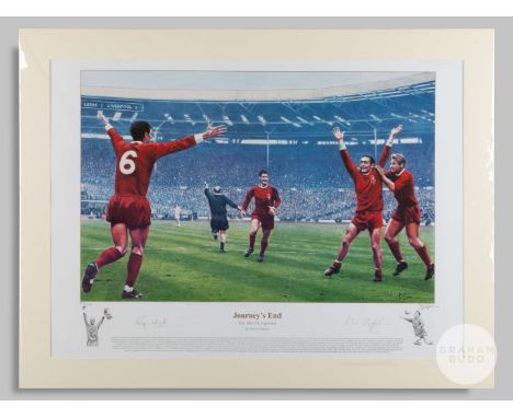 “The Journeys End” Liverpool 1965 FA Cup Final print, measuring 23 x 30 ins,, mounted and signed in pencil by Roger Hunt, Ian
