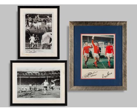Two signed black and white photographic prints of Jack Charlton and Geoff Hurst with a colour print of Geoff Hurst, Bobby Moo