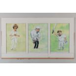 Three autographed caricatures prints Bob Willis, Dickie Bird and Mike Gatting