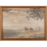 Watercolour painting of racehorses being exercised in early morning mist by Joanna Howell.