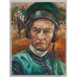 Oil painting portrait of the Jockey Lester Piggott by Ivana Jurna-Lipska.
