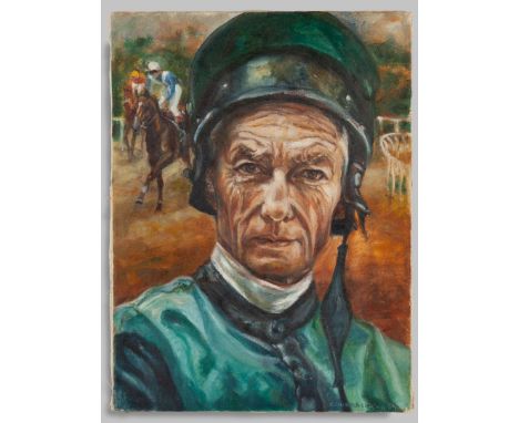 Oil painting portrait of the Jockey Lester Piggott by Ivana Jurna-Lipska (Czech, born 1947), signed and dated '94, oil on can