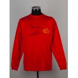A red replica England Geoff Hurst and Martin Peters 50th Anniversary autographed shirt