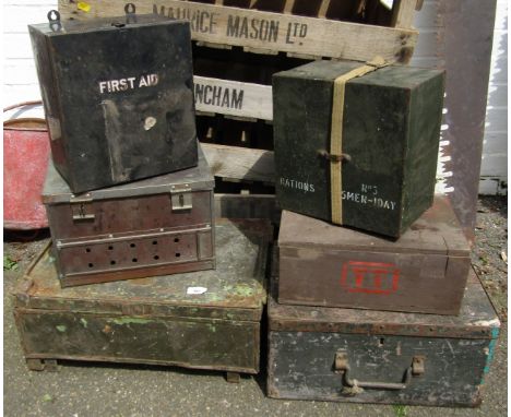 Various ammo boxes and a field safety cooker, first aid tin, number 3 Five Men/One Day ration tin. 