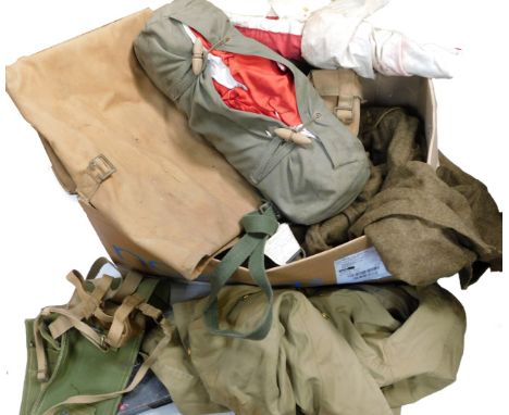 A box of militaria, to include signalling flag, webbing, first aid tin, etc. 