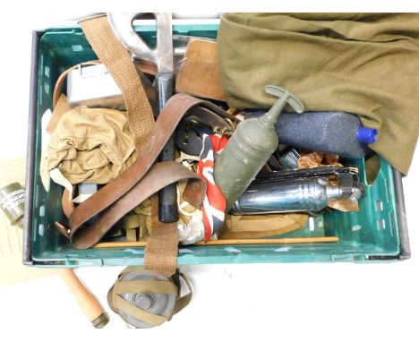 Assorted militaria, to include reproduction stick grenade, webbing map case, mess tins, water bottle, leather belt, etc. 