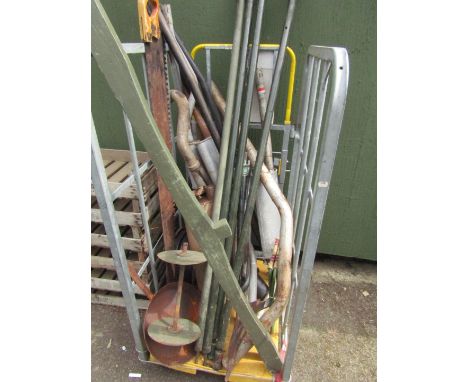 Car parts and tools, to include silencers, stretcher arms, saw, etc. (1 trolley)