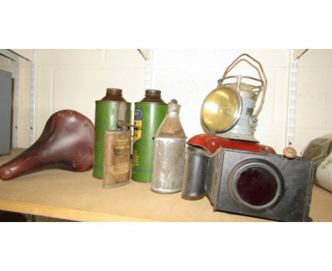 Vintage Duckhams Engine Oil and other tins, three cycle seats and two lamps. (a quantity)