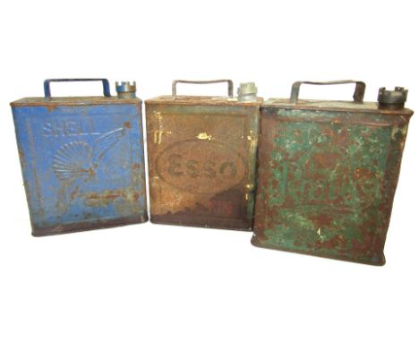 Three vintage petrol cans, marked for Shell Aviation Spirit, Pratts, and ESSO.