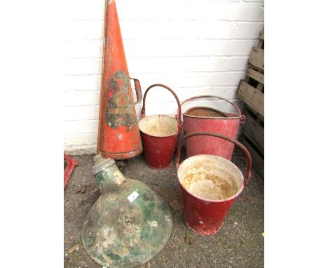Three steel fire buckets, conical fire extinguisher, and industrial lamp. (5)