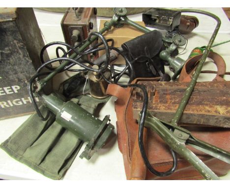 Binoculars, ARP rattle, cartridge bag, US Army plates, gas mask, etc. (a quantity)