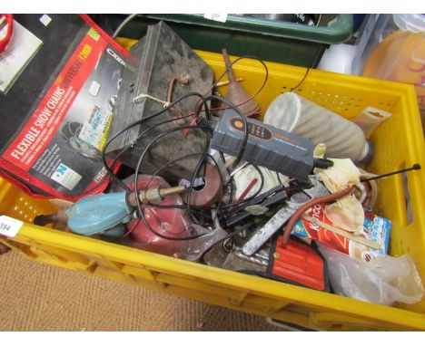 Car accessories, to include a 12 volt lead asset battery charger, flexible snow chains universal, tools, etc. (a quantity)