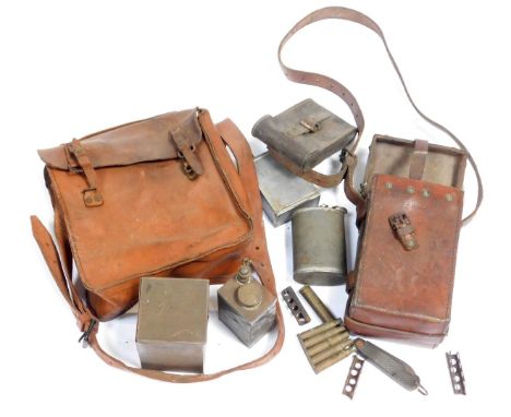 Various military machine gun oil canisters, Vickers machine gun leather ammunition case, etc. 